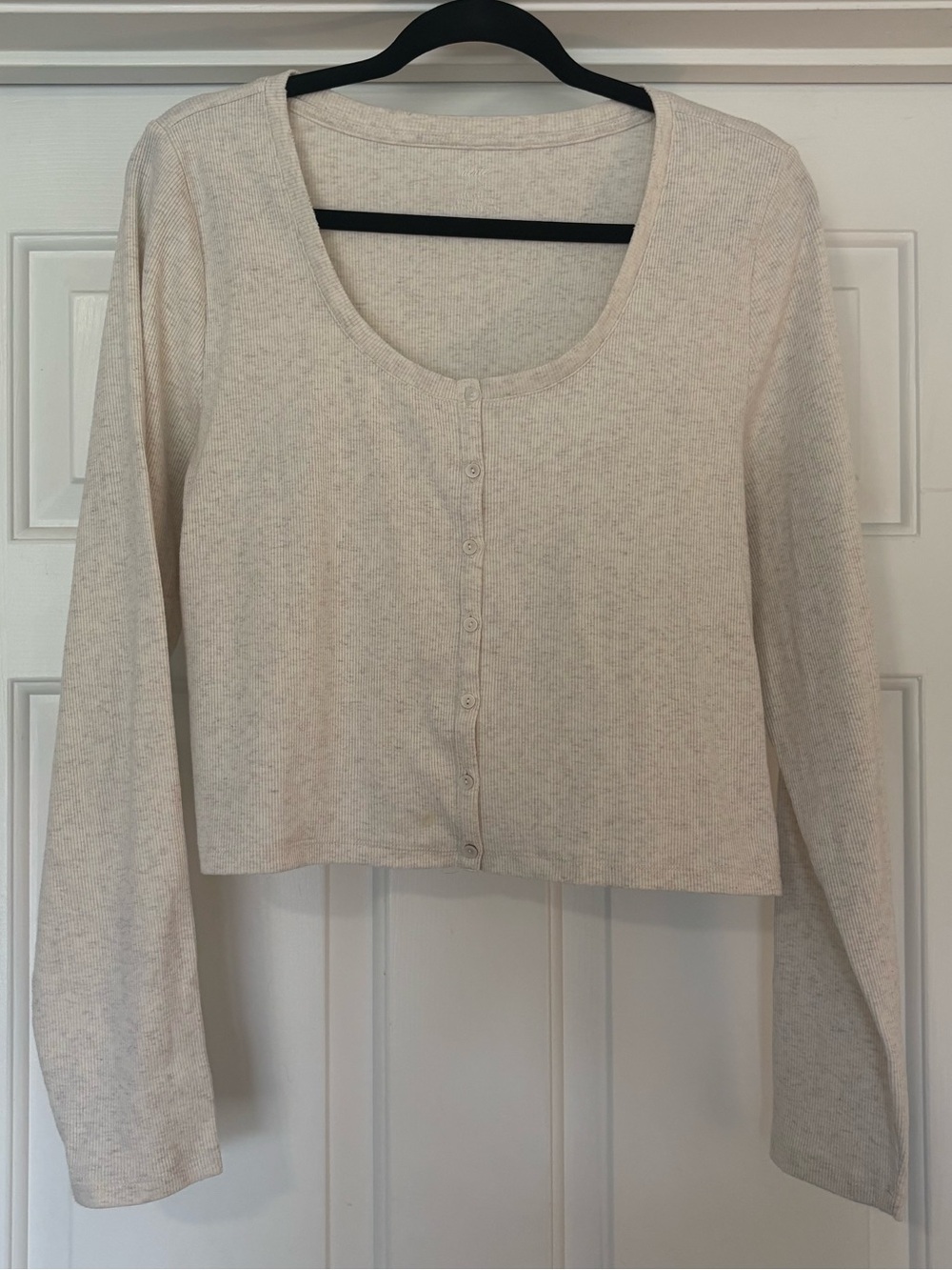 Aerie Long Sleeve Ribbed Henley Top XL Oatmeal Heather Soft Stretch Button Front